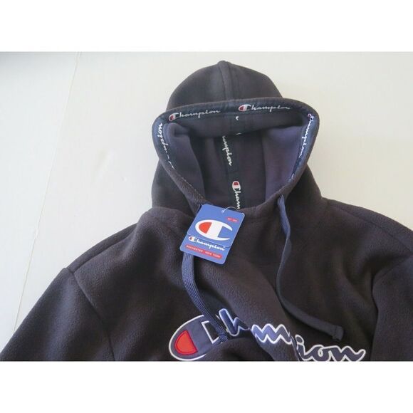 Champion 213555-001 Men's Size M Black Suede Script Logo Fleece Hoodie $105 - Picture 5 of 8